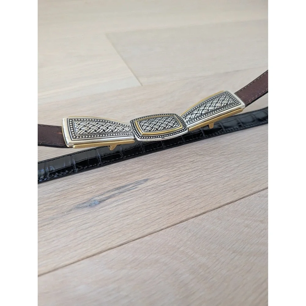 Vintage Woven Metal Accent Leather Black Embossed Leather Statement Belt Small